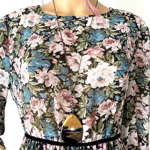 Floral Midi Dress w Long Sleeves Ruffled Dress Romantic Bohemian Flower Print XS - Picture 8 of 10